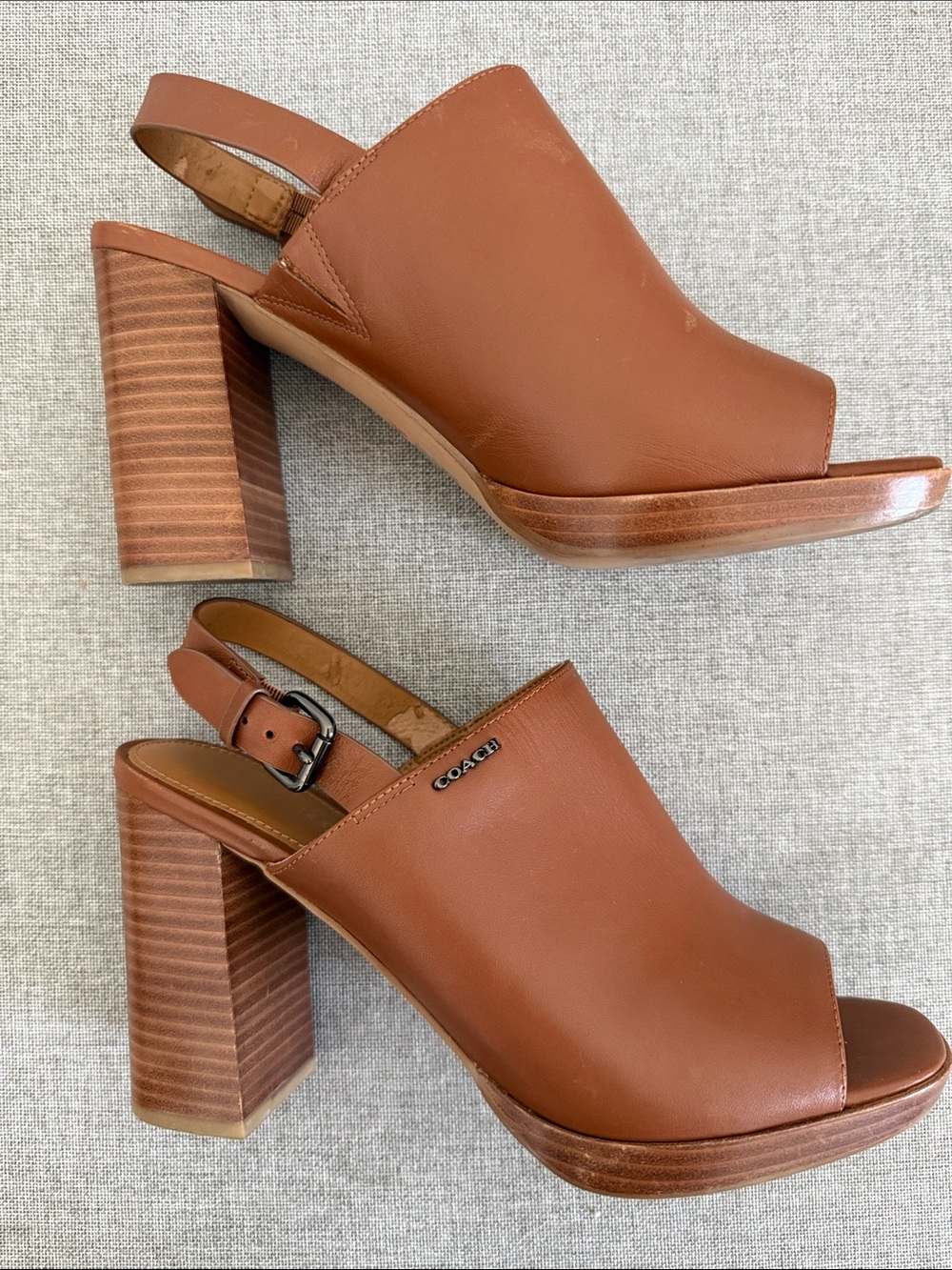 Coach Tan Brady Leather Open-Toe Slingback Block Heels with defect - Picture 9 of 10